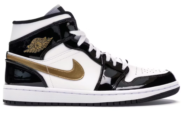 Jordan 1 Mid Patent Black White Gold S 12 USED