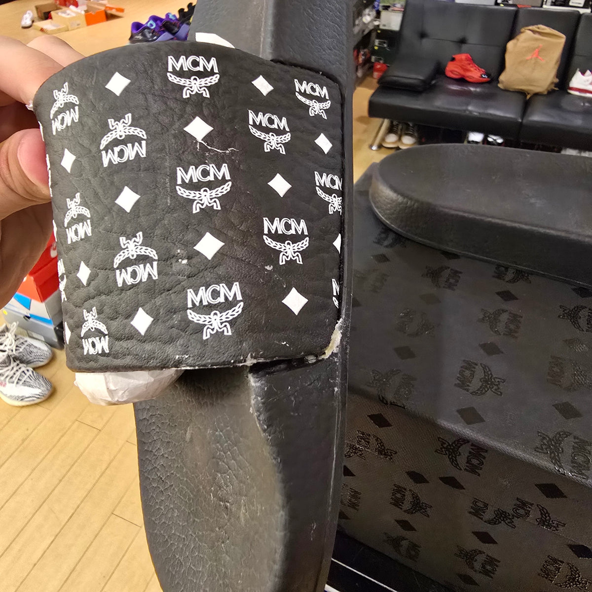 MCM Monogram Slides Black White USED DEFECT STRAP