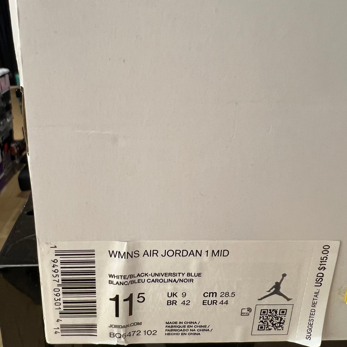 Jordan 1 Mid University Blue (Women's) used missing box lid 