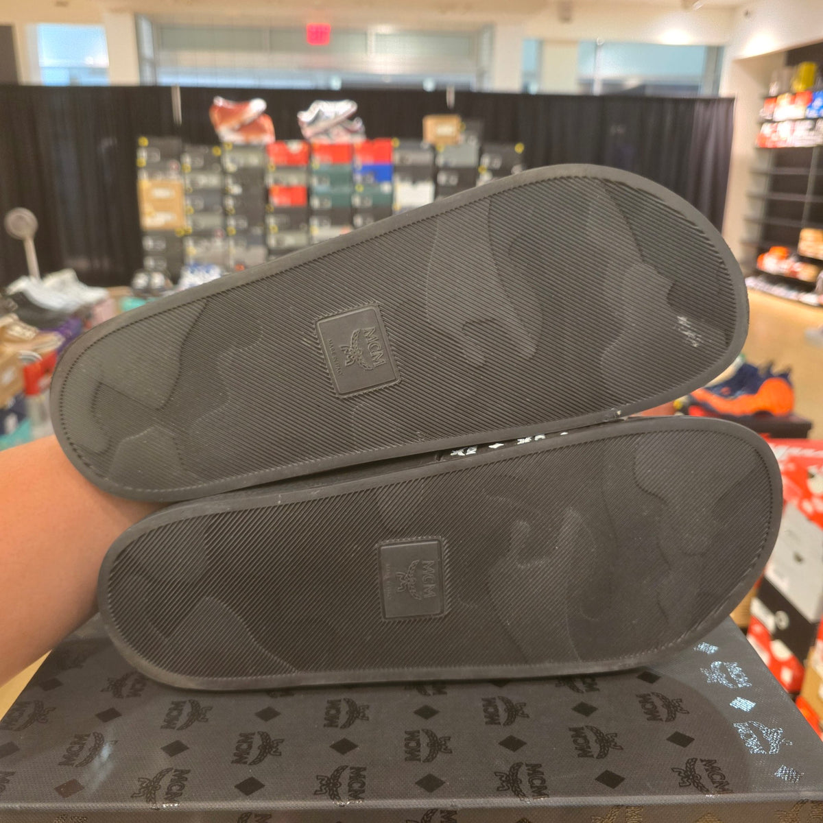 MCM Monogram Slides Black White USED DEFECT STRAP