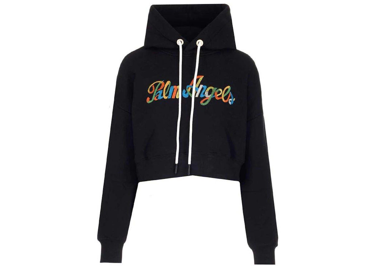 Palm Angels Logo Print Cropped Hoodie Black WMNS 