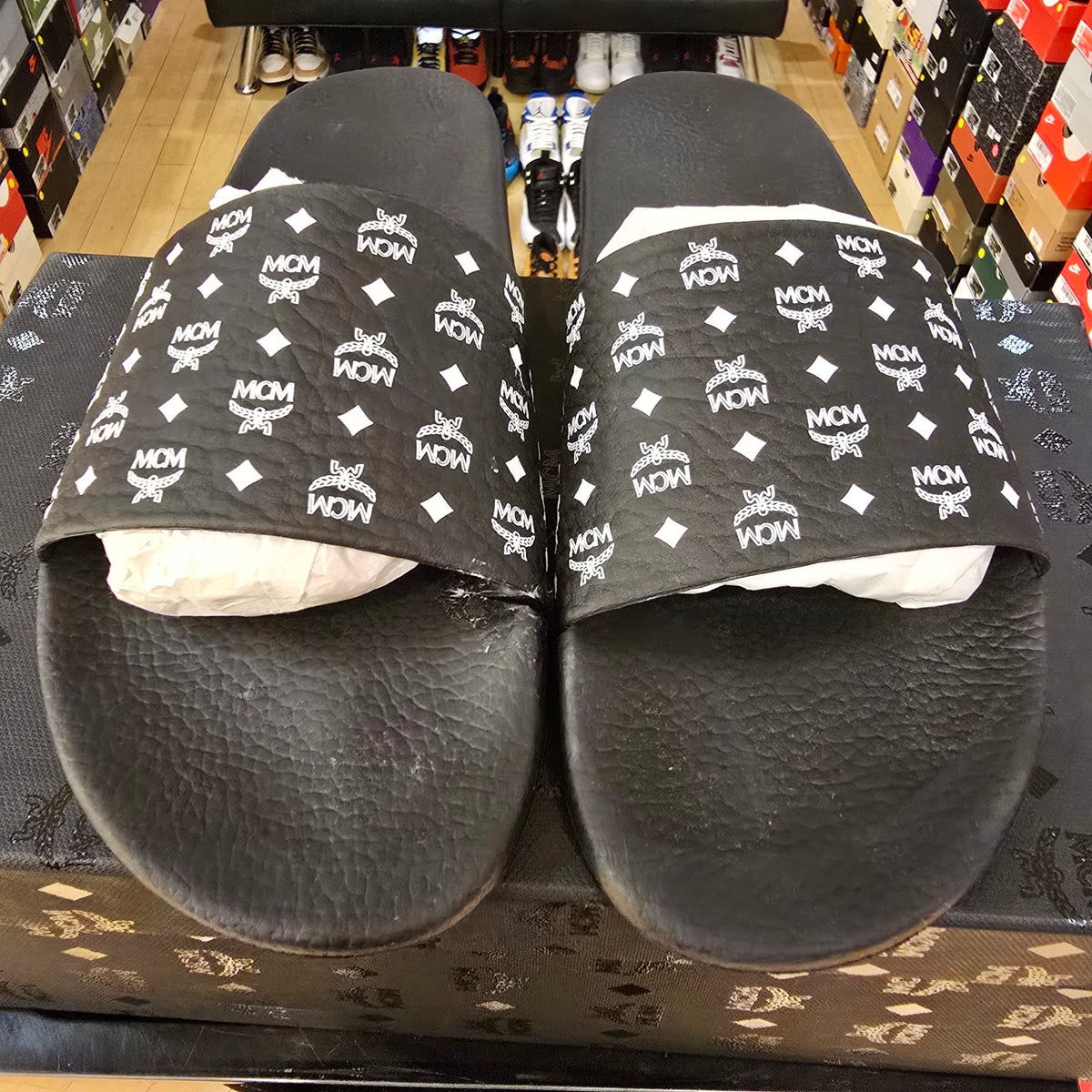 MCM Monogram Slides Black White USED DEFECT STRAP