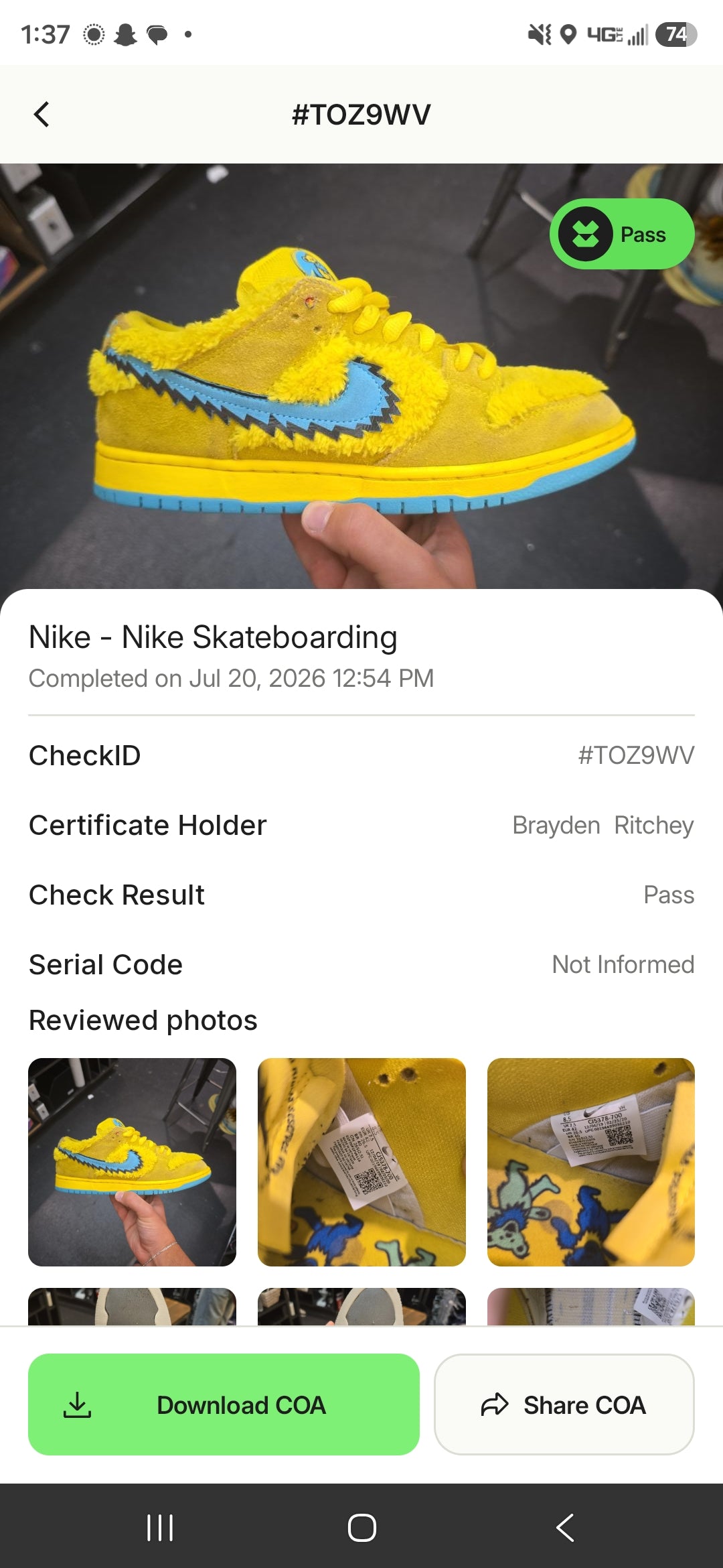 Nike SB Dunk Low Grateful Dead Bears Opti Yellow SZ 8.5 USED NO BOX