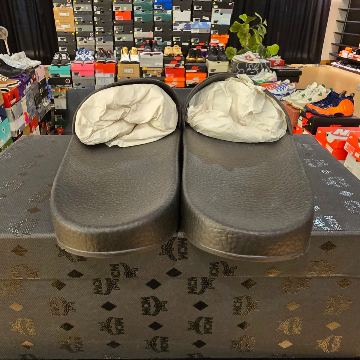 MCM Monogram Slides Black White USED DEFECT STRAP